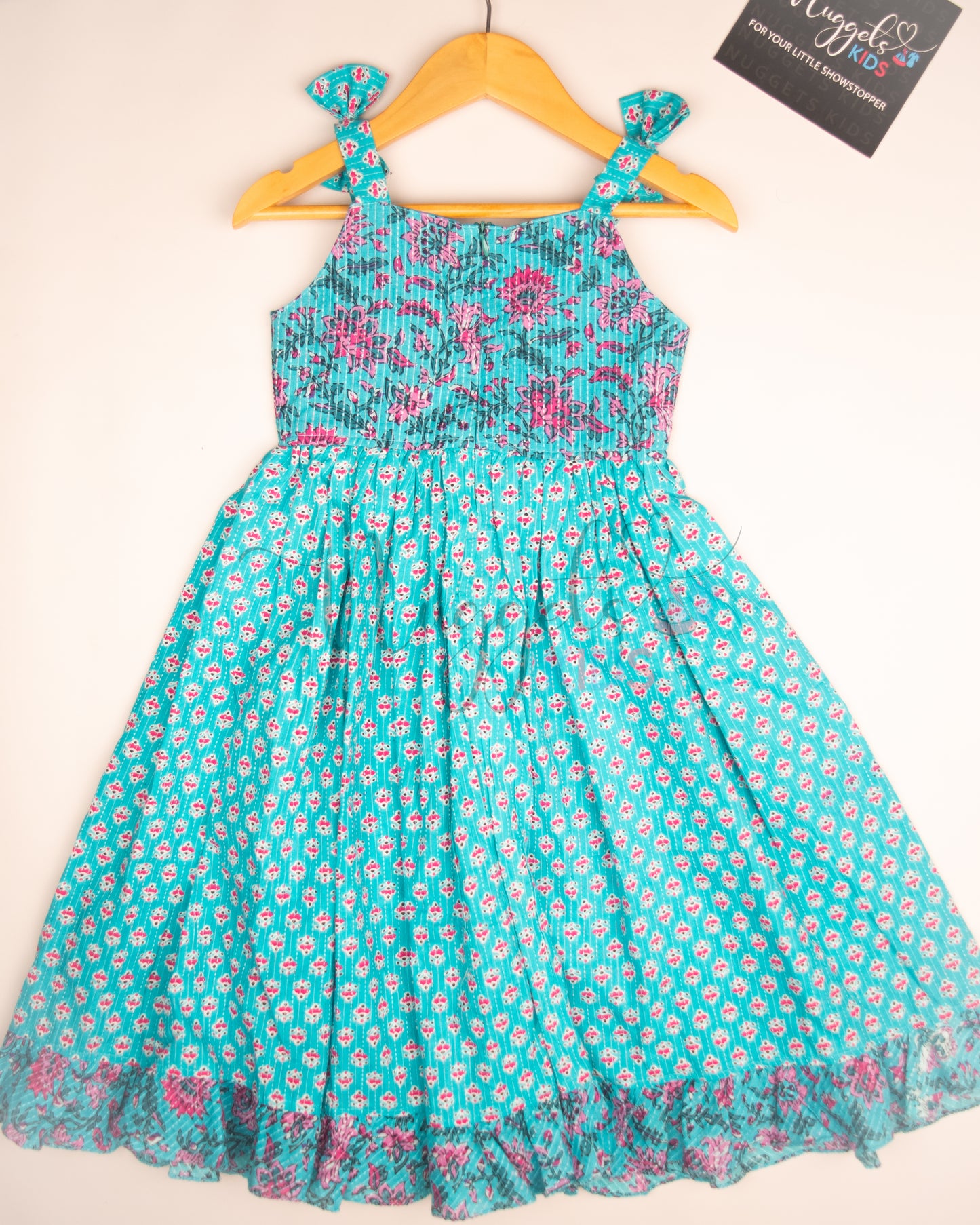 Ready to Ship: Sky blue Kantha Sleeveless Frock with patchwork yoke, shoulder bows and ruffle flare