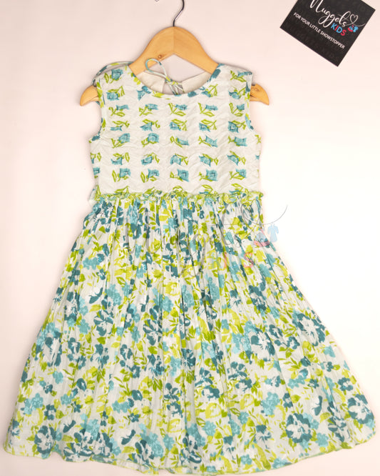 Ready to Ship: White Blue and Green Frock with Wave stitched yoke and designer back detailing