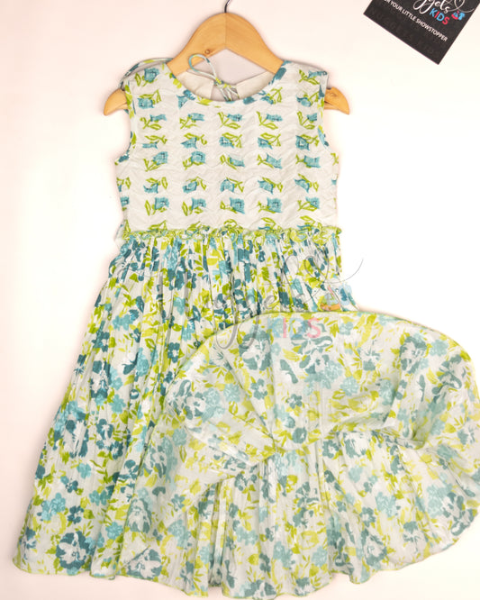 Ready to Ship: White Blue and Green Frock with Wave stitched yoke and designer back detailing