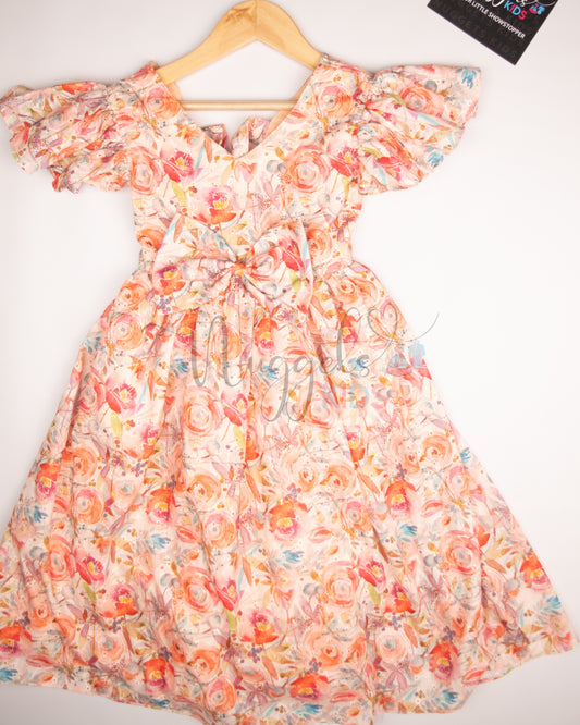 Ready to Ship: Peach Hakoba Frock with ruffle sleeves, bow detailing and designer tie style back