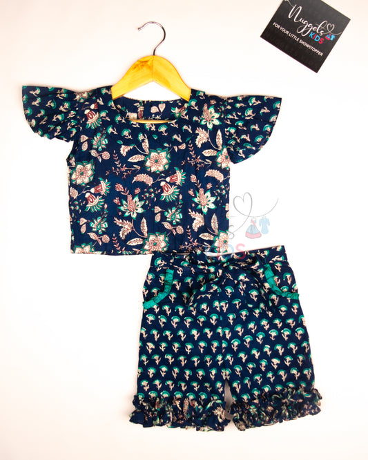 Ready to Ship: Navy Blue Cotton Shorts Set with Peter Pan Color, ruffe sleeves Crop Top and Shorts with gathered pockets and floral frill detailing towards the hem
