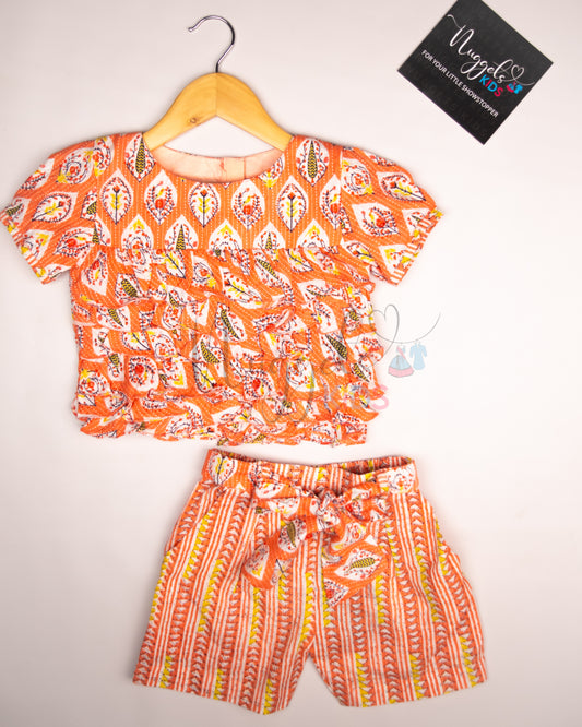 Ready to Ship: Coral Cotton Kantha Shorts Set with Frilly Crop Top and Long Puff Sleeves and Printed Kantha Loose Fit Shorts