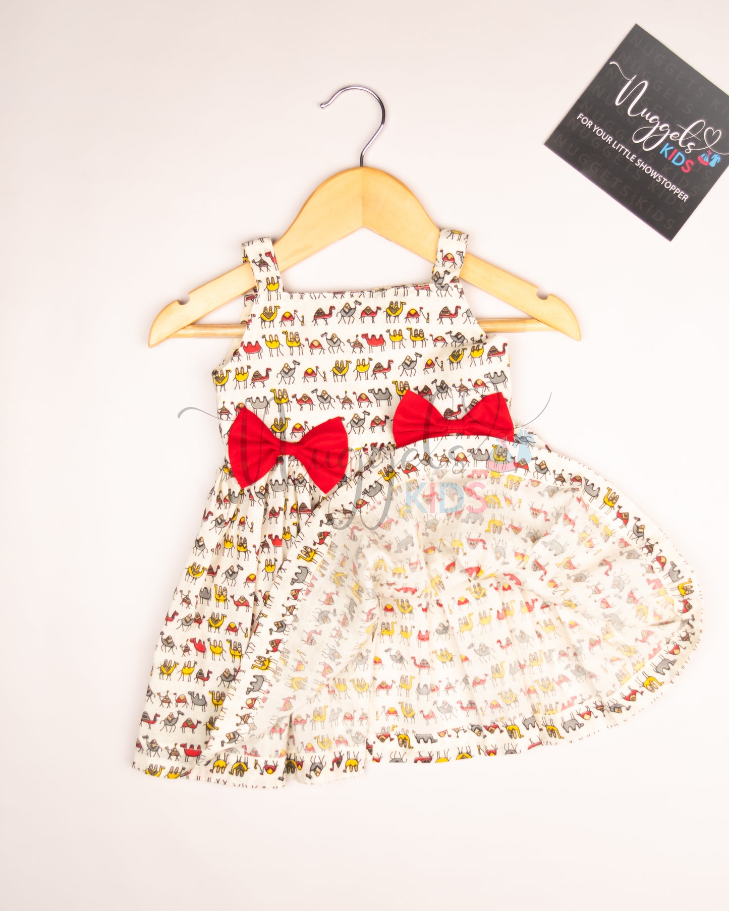 Ready to Ship: Camel Printed Cotton Frock with Red Double Bow Detailing