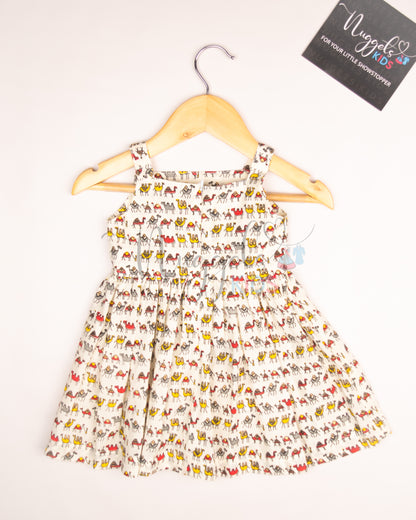 Ready to Ship: Camel Printed Cotton Frock with Red Double Bow Detailing