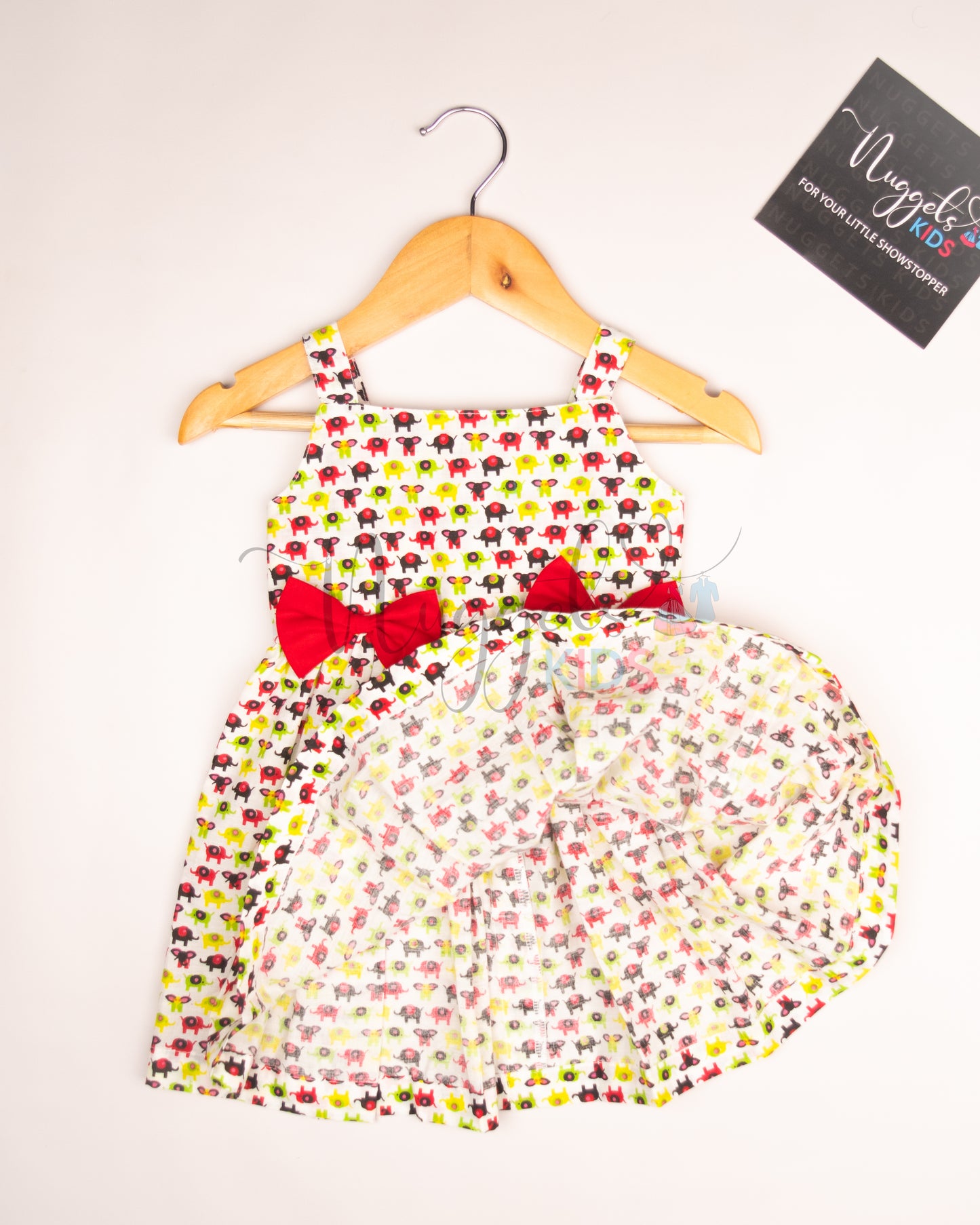 Ready to Ship: Elephant Printed Cotton Frock with Red Double Bow Detailing