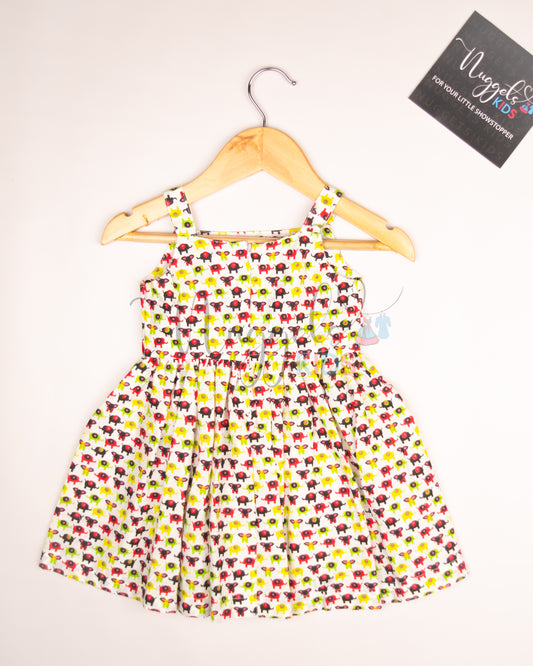 Ready to Ship: Elephant Printed Cotton Frock with Red Double Bow Detailing
