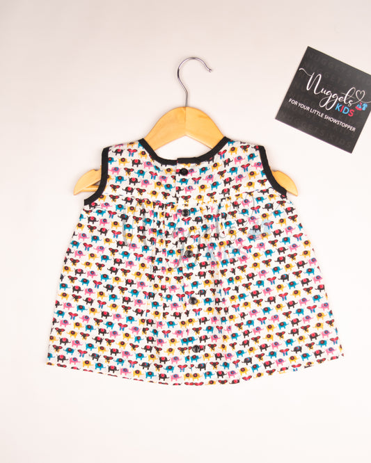 Ready to Ship: Elephant Printed Button Down Cotton Frock with Contrast Black Taping