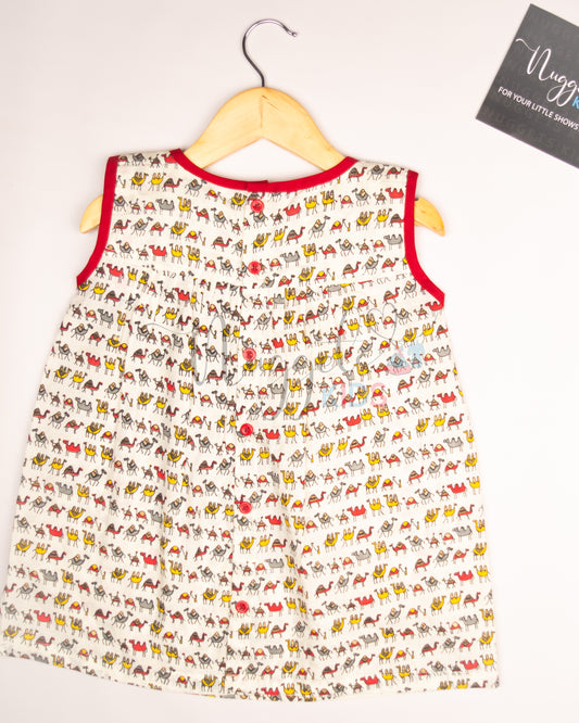 Ready to Ship: Camel Printed Button Down Cotton Frock with Contrast Red Taping