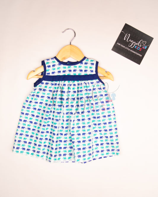 Ready to Ship: Blue Elephants Printed Button Down Cotton Frock with Contrast Blue Taping