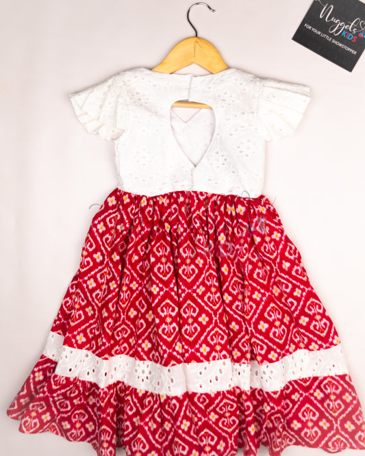 Ready to Ship: White and Red Cotton Frock with hakoba yoke with pleated cap sleeves, Red flare and designer back