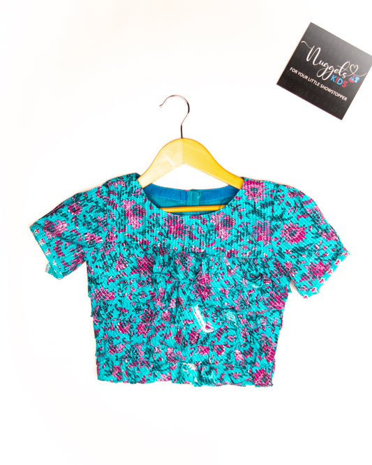 Ready to Ship: Sky Blue Cotton Kantha Shorts Set with Frilly Crop Top and Long Puff Sleeves and Printed Kantha Loose Fit Shorts