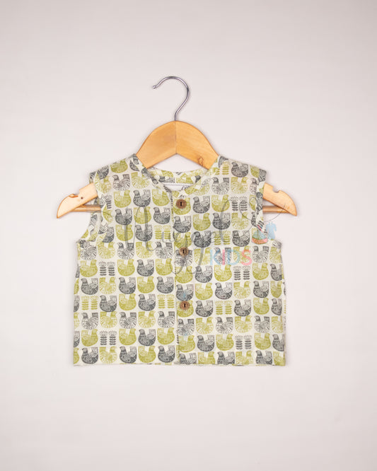 Ready to Ship: Pigeon Printed Pure Cotton Jhabla with Wooden Button Detailing