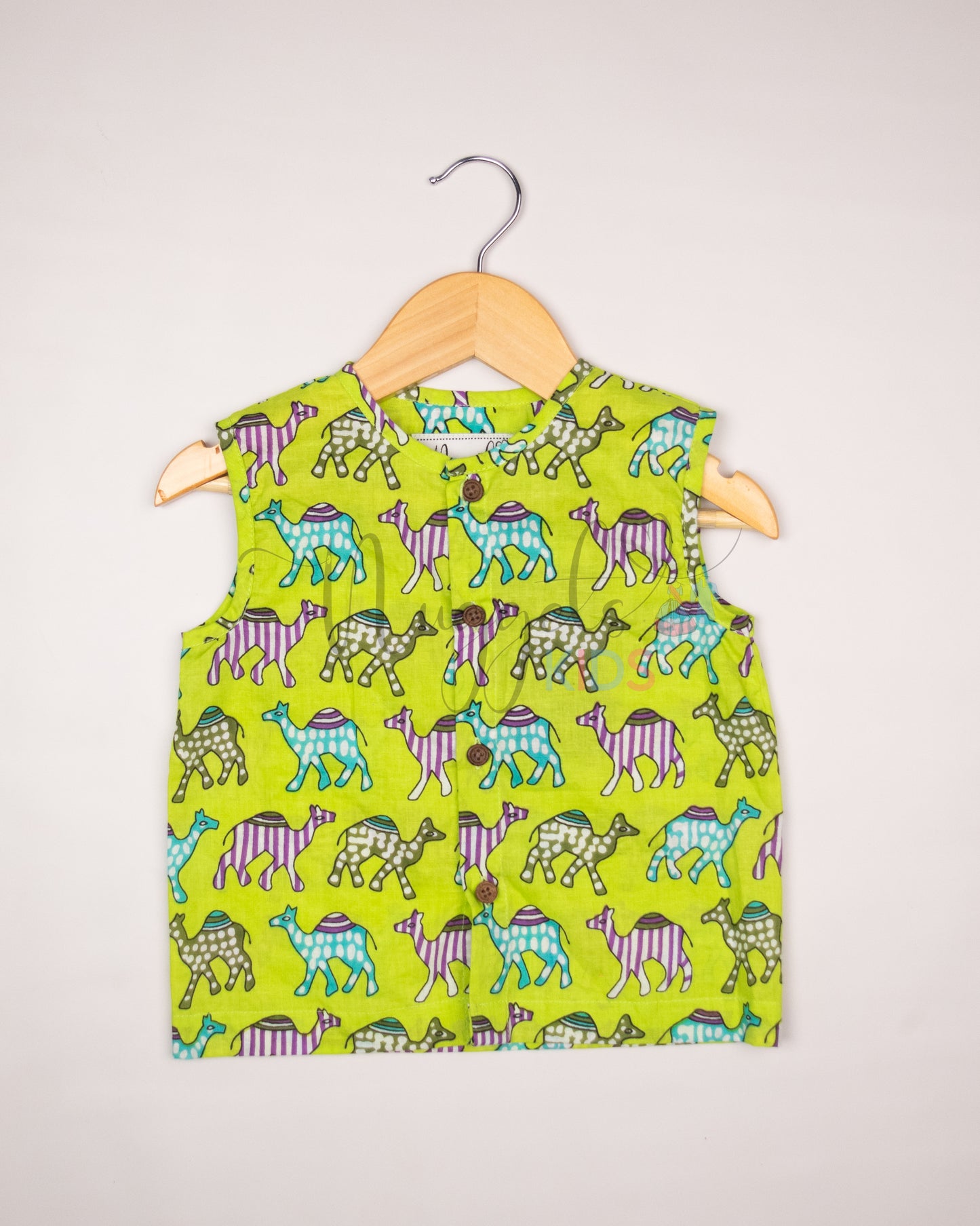 Ready to Ship: Bright Green Camel Printed Pure Cotton Jhabla with Wooden Button Detailing