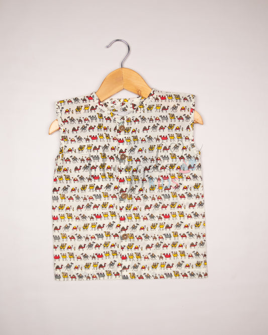 Ready to Ship: Small Camels Printed Pure Cotton Jhabla with Wooden Button Detailing