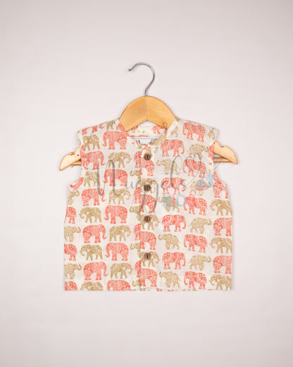 Ready to Ship: Peach and Brown Elephants Printed Pure Cotton Jhabla with Wooden Button Detailing