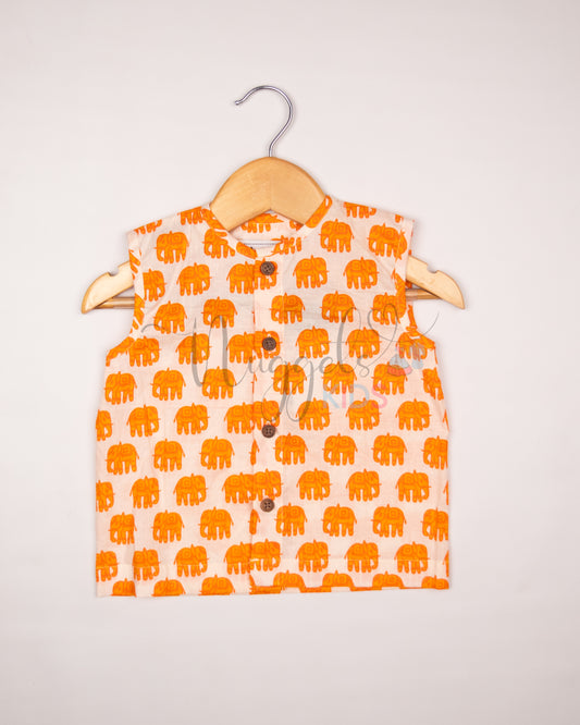 Ready to Ship: Orange Elephant Printed Pure Cotton Jhabla with Wooden Button Detailing