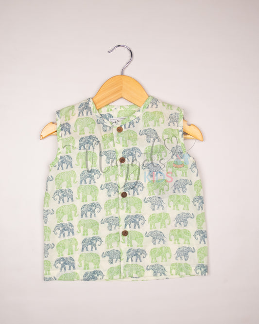 Ready to Ship: Blue and Green Elephants Printed Pure Cotton Jhabla with Wooden Button Detailing