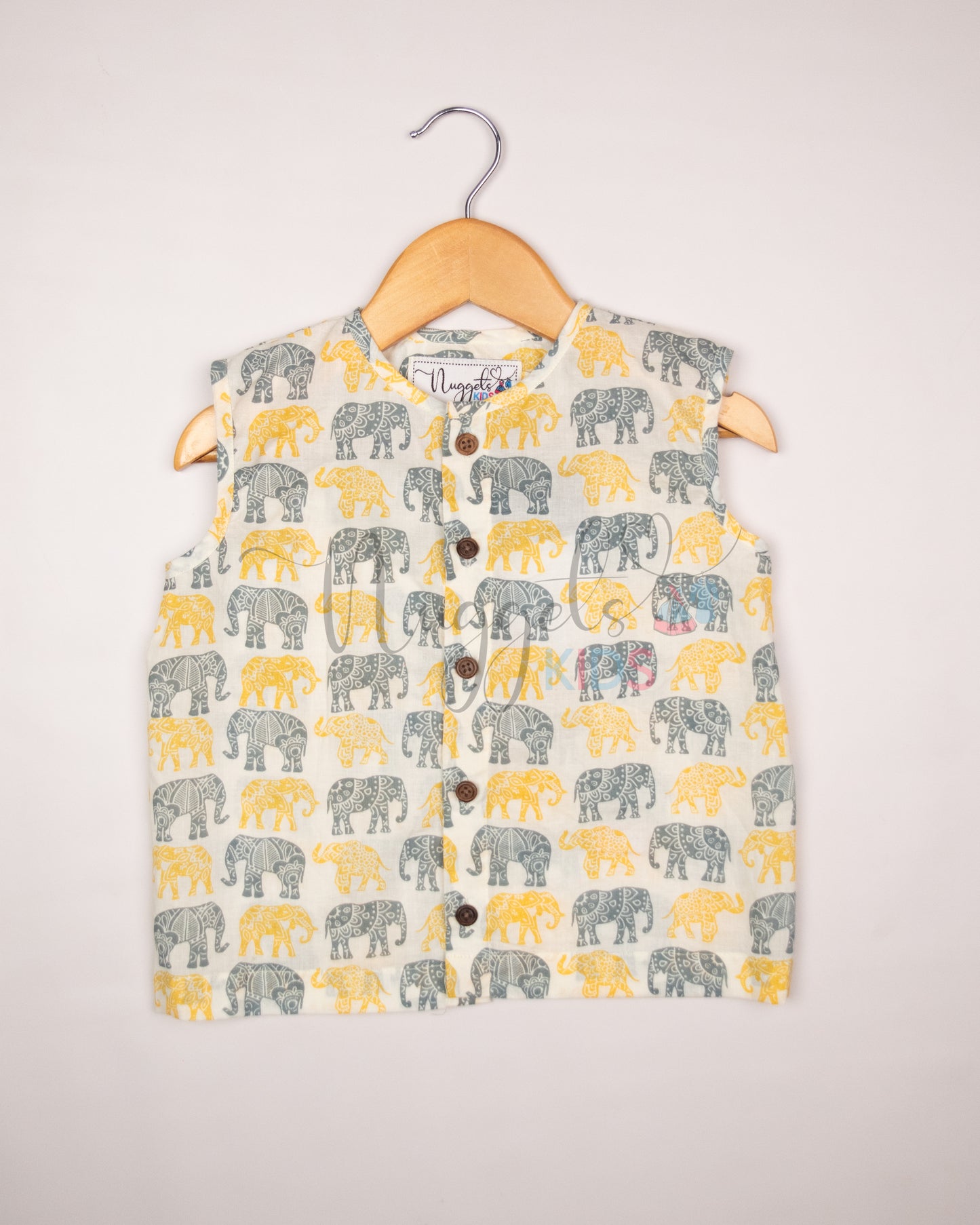Ready to Ship: Grey and Yellow Elephants Printed Pure Cotton Jhabla with Wooden Button Detailing
