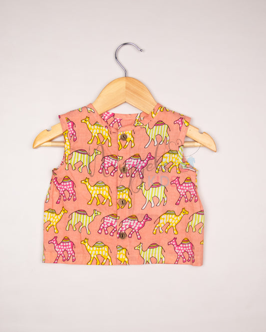 Ready to Ship: Peach Camel Printed Pure Cotton Jhabla with Wooden Button Detailing