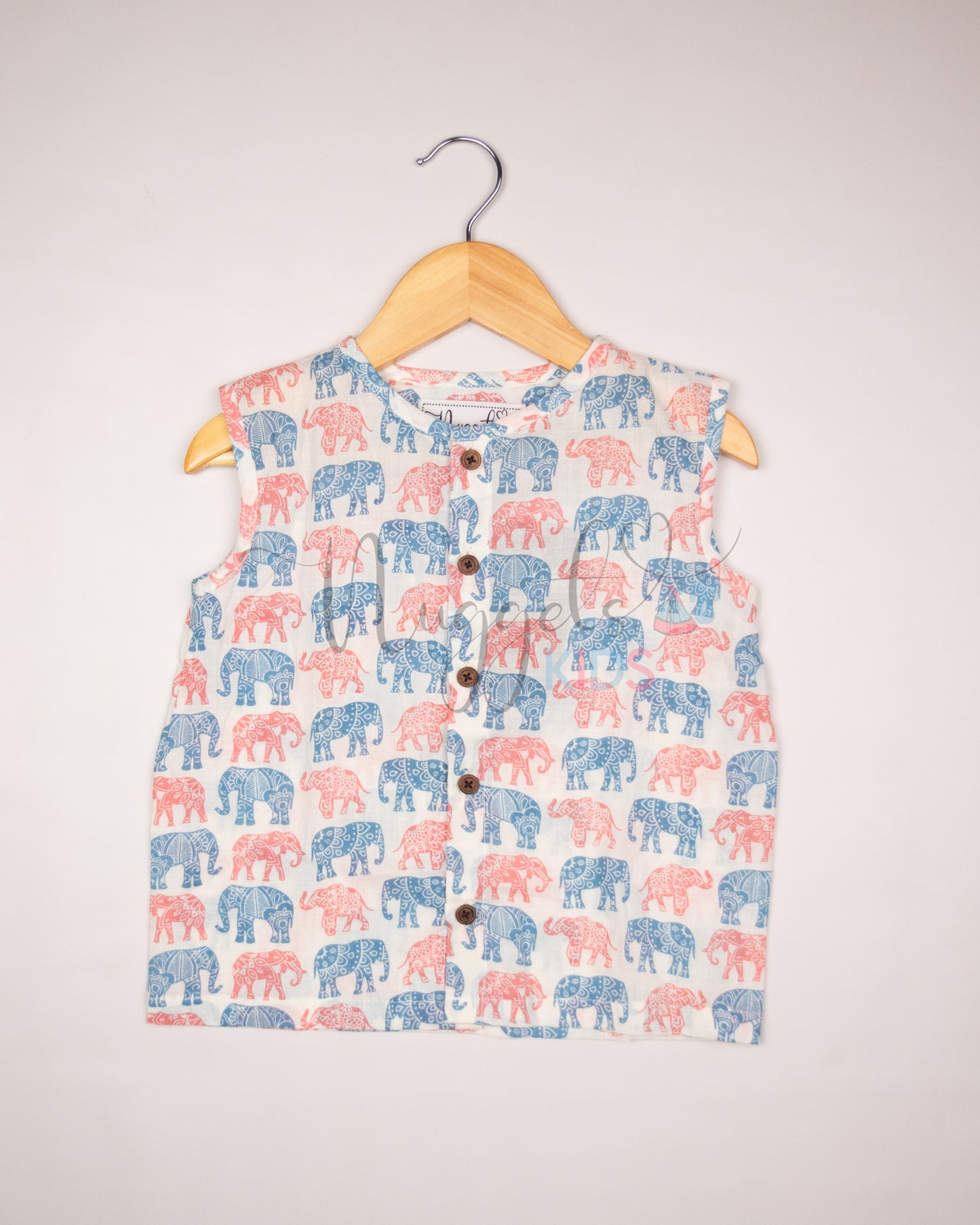 Ready to Ship: Blue and Peach Elephants Printed Pure Cotton Jhabla with Wooden Button Detailing