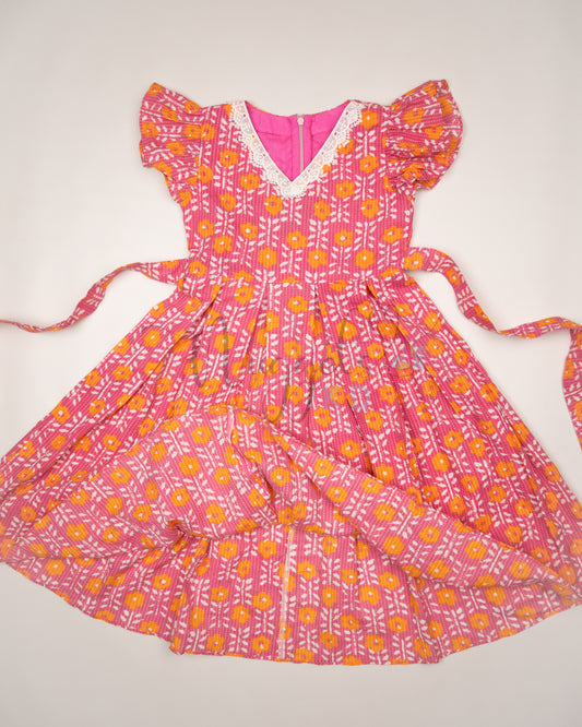 Ready to Ship: Pink and Orange Box pleated Katha Cotton frock with lace detailing on V neck and Ruffle Sleeves