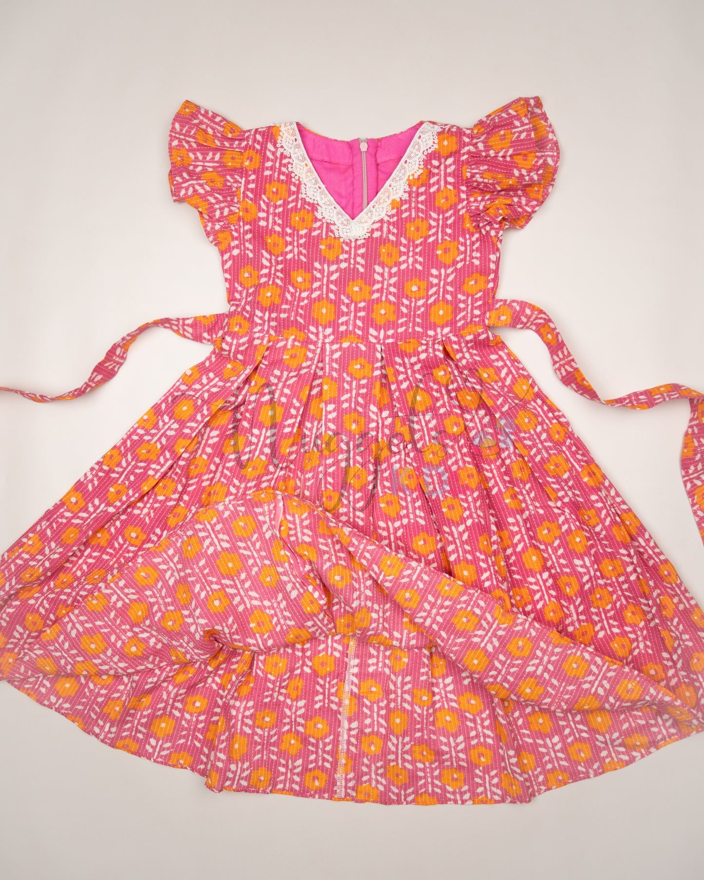 Ready to Ship: Pink and Orange Box pleated Katha Cotton frock with lace detailing on V neck and Ruffle Sleeves