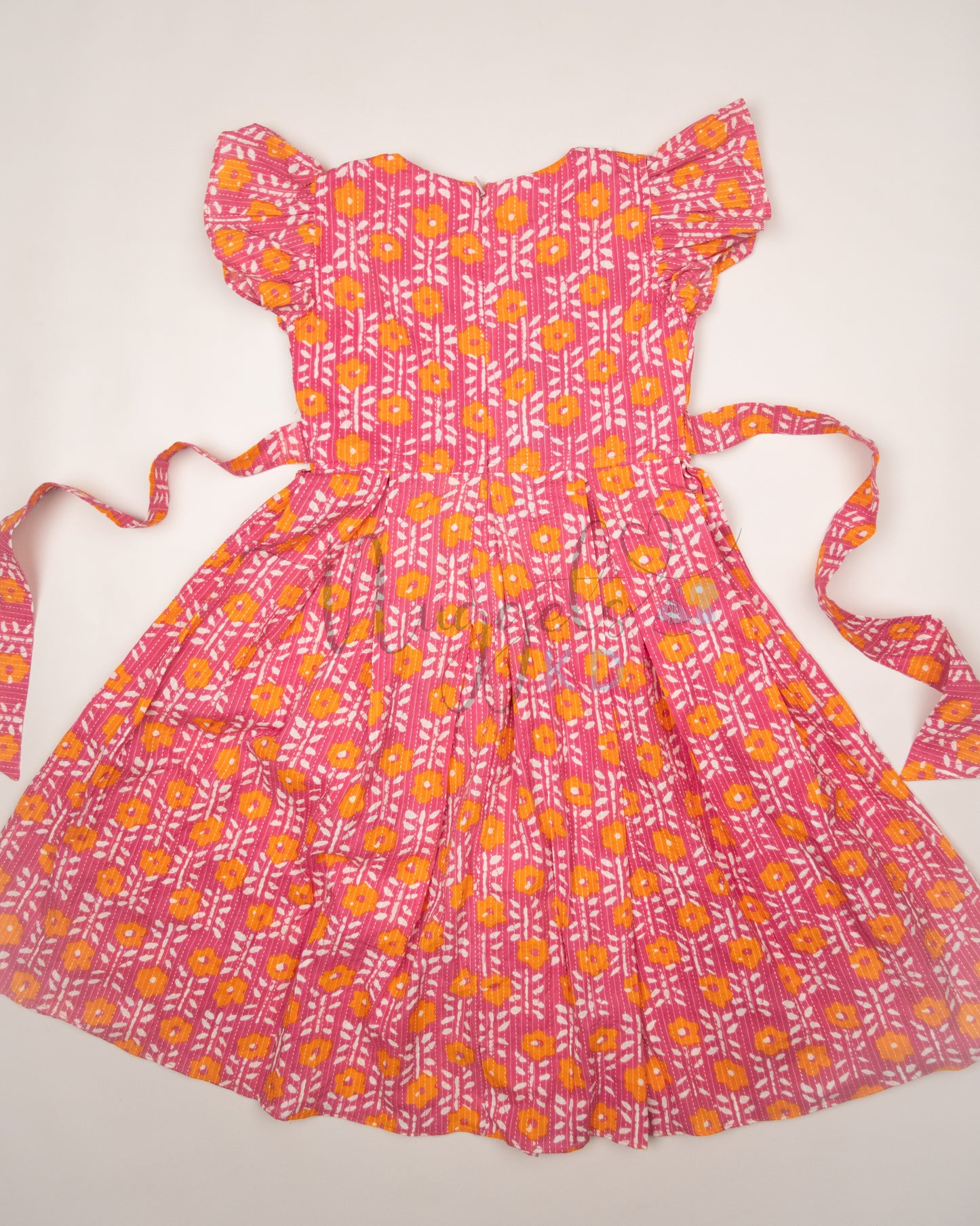 Ready to Ship: Pink and Orange Box pleated Katha Cotton frock with lace detailing on V neck and Ruffle Sleeves