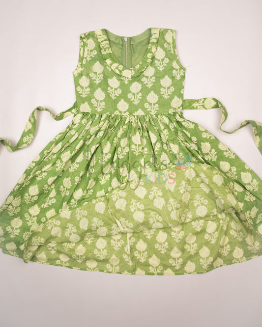 Ready to Ship: Green and Lime Cotton frock with Pleated Neck Detailing