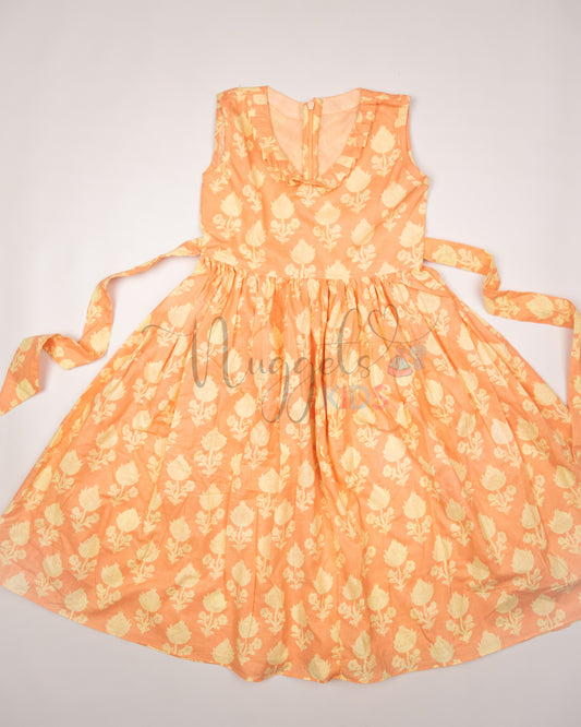 Ready to Ship: Peach and Lime Cotton frock with Pleated Neck Detailing