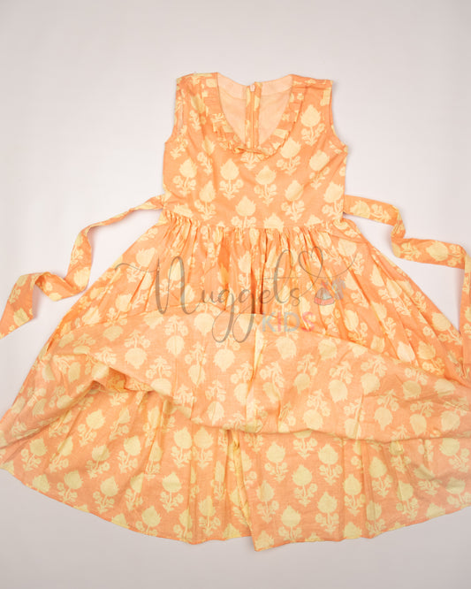 Ready to Ship: Peach and Lime Cotton frock with Pleated Neck Detailing