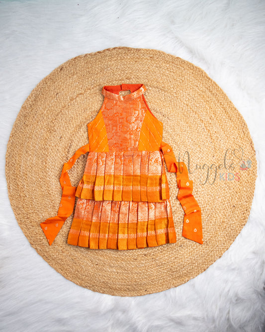 Ready to Ship: Orange Chiniya Silk Halter Neck Two Layer Pattu Frock