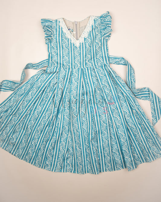 Ready to Ship: Sky Blue and White Box pleated Cotton frock with lace detailing on V neck and Ruffle Sleeves