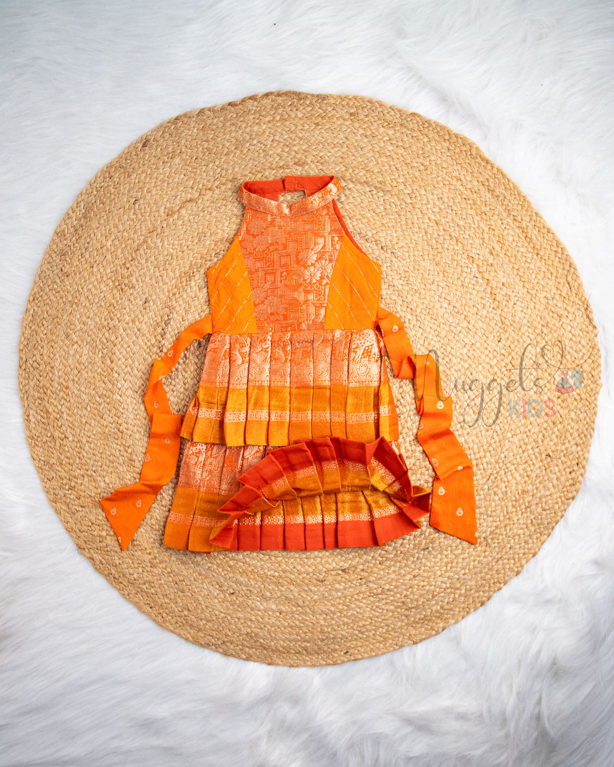 Ready to Ship: Orange Chiniya Silk Halter Neck Two Layer Pattu Frock