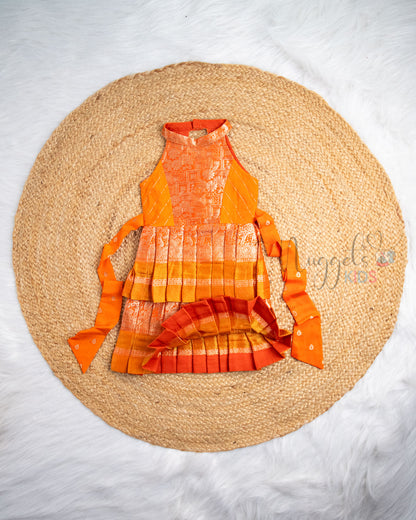 Ready to Ship: Orange Chiniya Silk Halter Neck Two Layer Pattu Frock