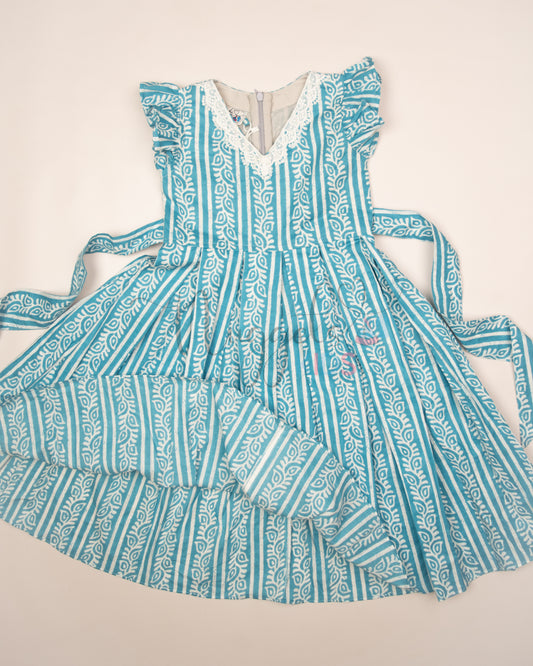 Ready to Ship: Sky Blue and White Box pleated Cotton frock with lace detailing on V neck and Ruffle Sleeves