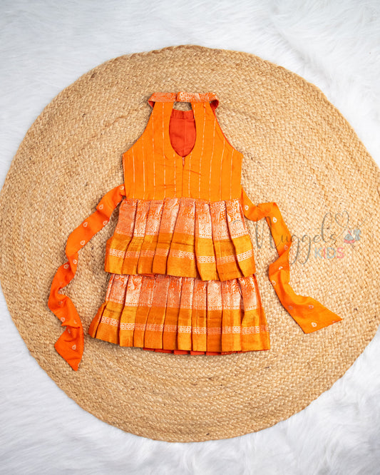 Ready to Ship: Orange Chiniya Silk Halter Neck Two Layer Pattu Frock