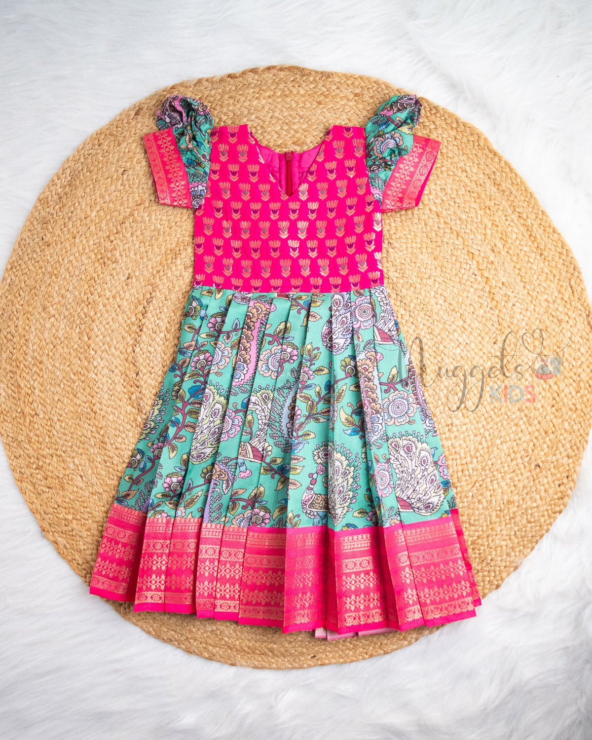 Ready to Ship: Pink And Green Printed Pattu Frock