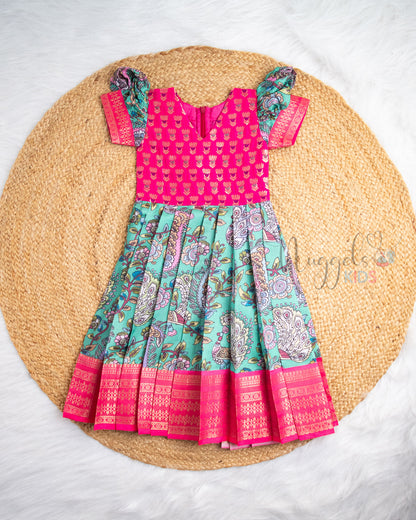 Ready to Ship: Pink And Green Printed Pattu Frock