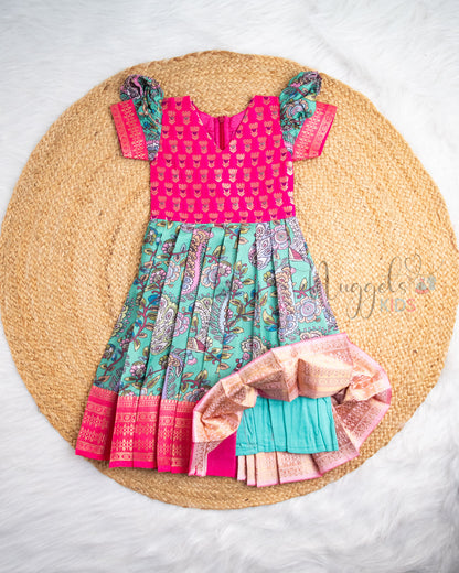 Ready to Ship: Pink And Green Printed Pattu Frock