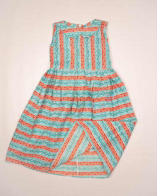 Ready to Ship: Teal and Orange Katha Cotton frock with Peter Pan Collar