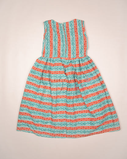Ready to Ship: Teal and Orange Katha Cotton frock with Peter Pan Collar