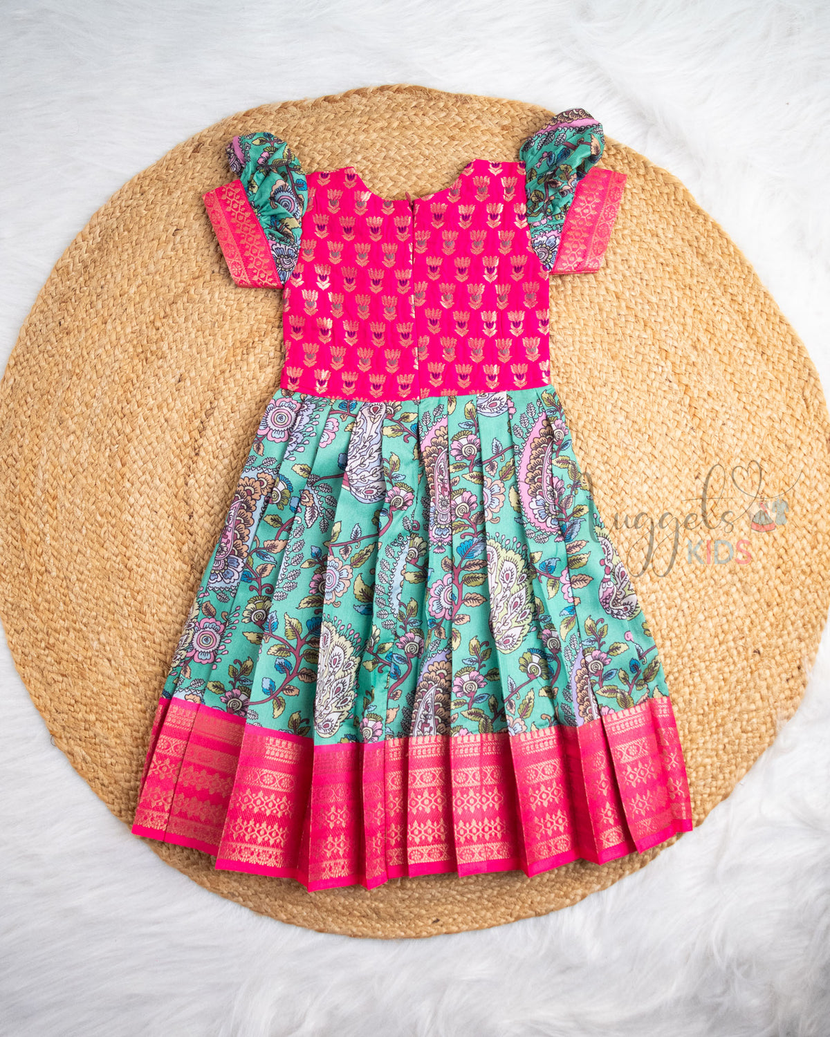 Ready to Ship: Pink And Green Printed Pattu Frock
