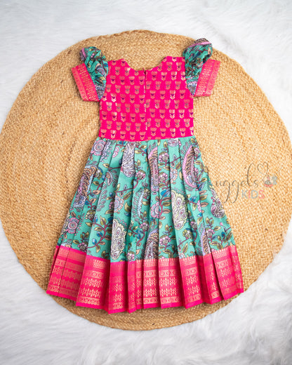Ready to Ship: Pink And Green Printed Pattu Frock