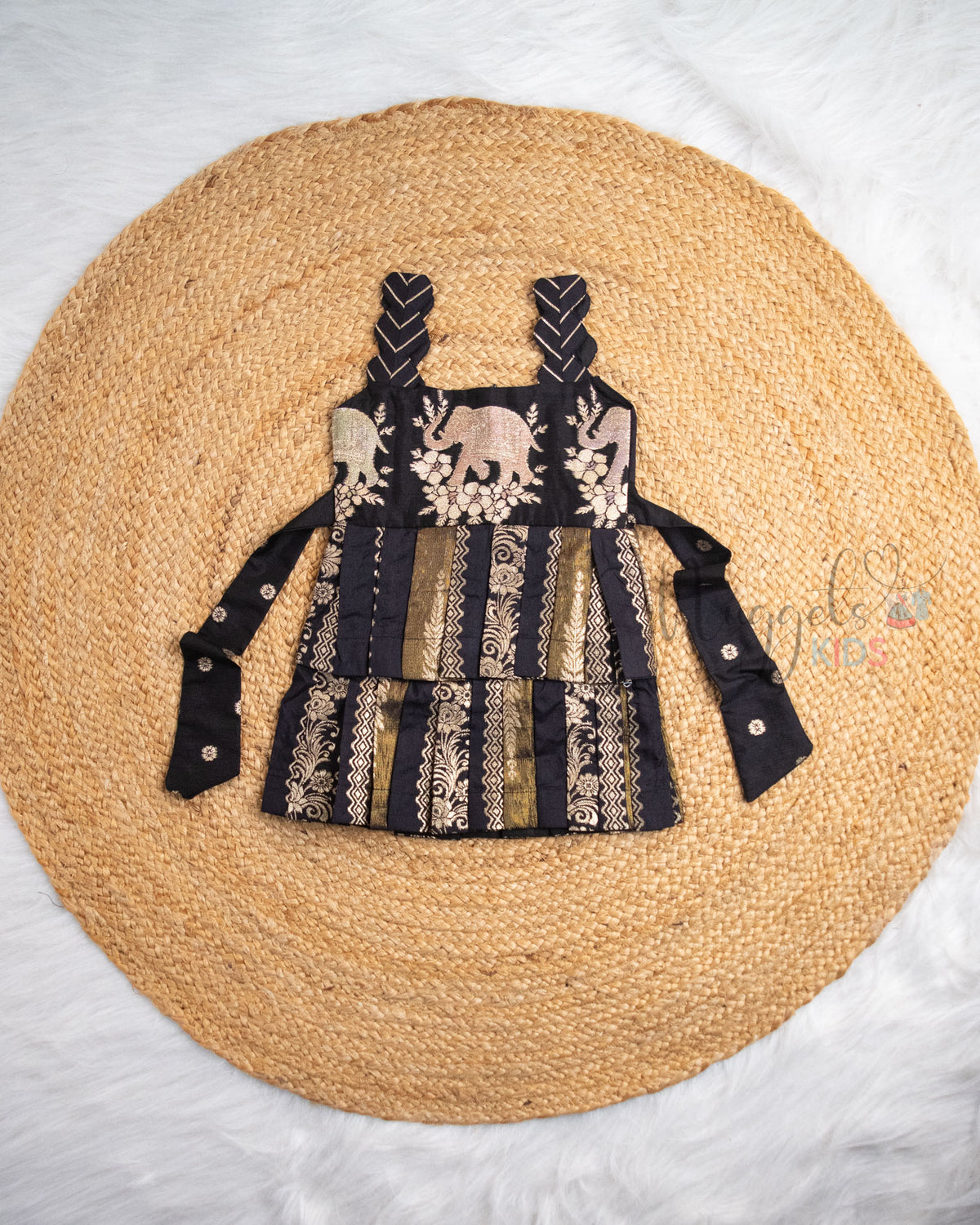 Ready to Ship: Black Chiniya Silk Scallop Strapped Sleeveless Two Layer Pattu Frock