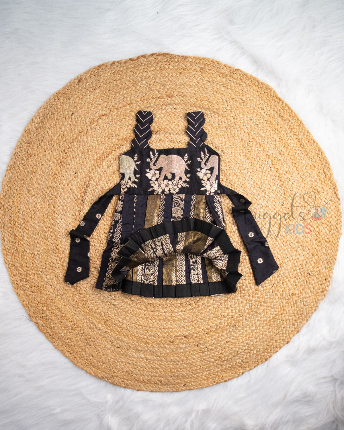 Ready to Ship: Black Chiniya Silk Scallop Strapped Sleeveless Two Layer Pattu Frock