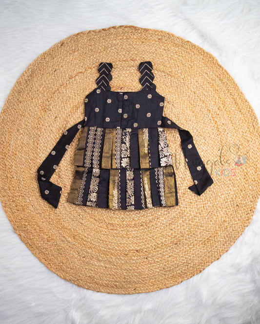 Ready to Ship: Black Chiniya Silk Scallop Strapped Sleeveless Two Layer Pattu Frock