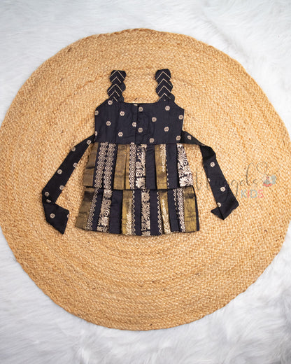 Ready to Ship: Black Chiniya Silk Scallop Strapped Sleeveless Two Layer Pattu Frock