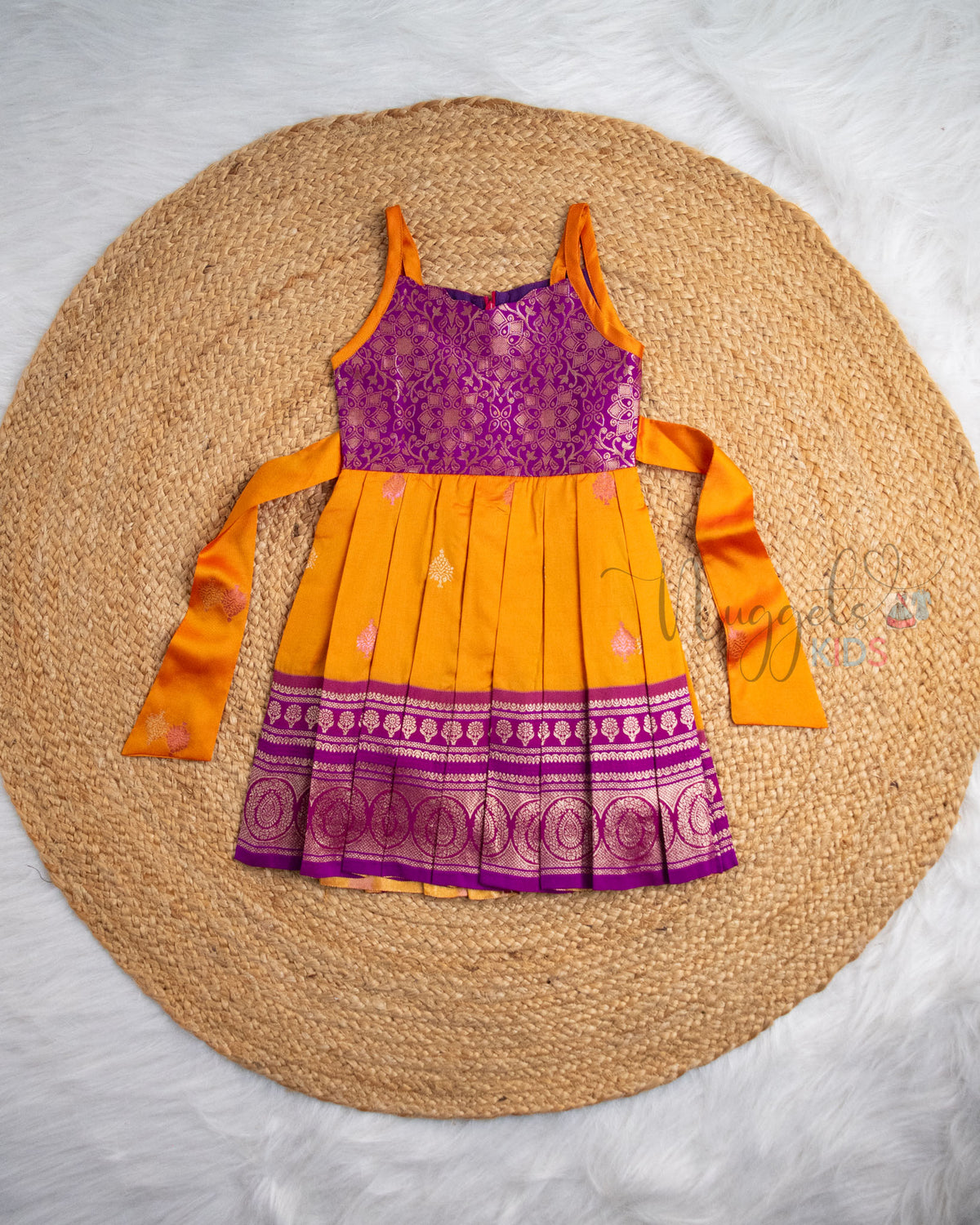 Ready to Ship: Orange And Purple Premium Kanchi Semi Silk Sleeveless Pattu Frock