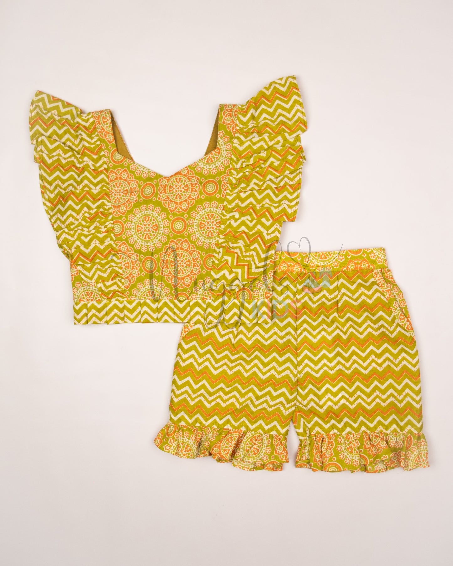 Ready to Ship: Green and Orange Shorts Set with Frilly Wing Sleeves and Loose Fit Shorts with statement Ruffle detailing