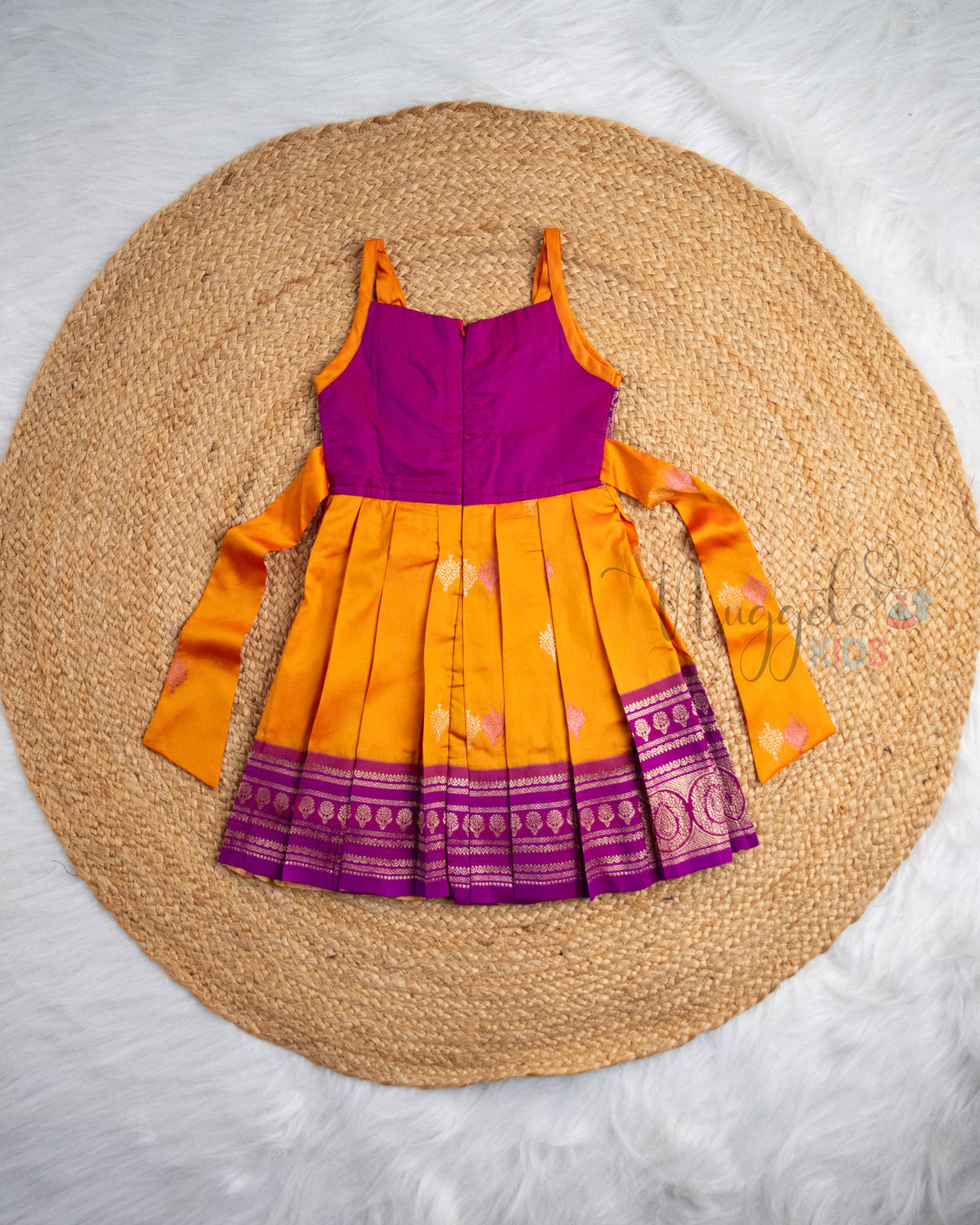 Ready to Ship: Orange And Purple Premium Kanchi Semi Silk Sleeveless Pattu Frock